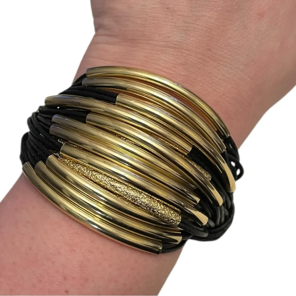 SAACHI Black & Gold Multi-Strand Bracelet - Black Cord with Gold Tube Beads